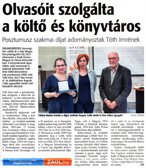 Zalai Hírlap 2022 05 09 106sz 11old - Olvasóit szolgálta a költő és könyvtáros.jpg Zalai Hírlap 2022 05 09 106sz 11old - Olvasóit szolgálta a költő és könyvtáros.jpg